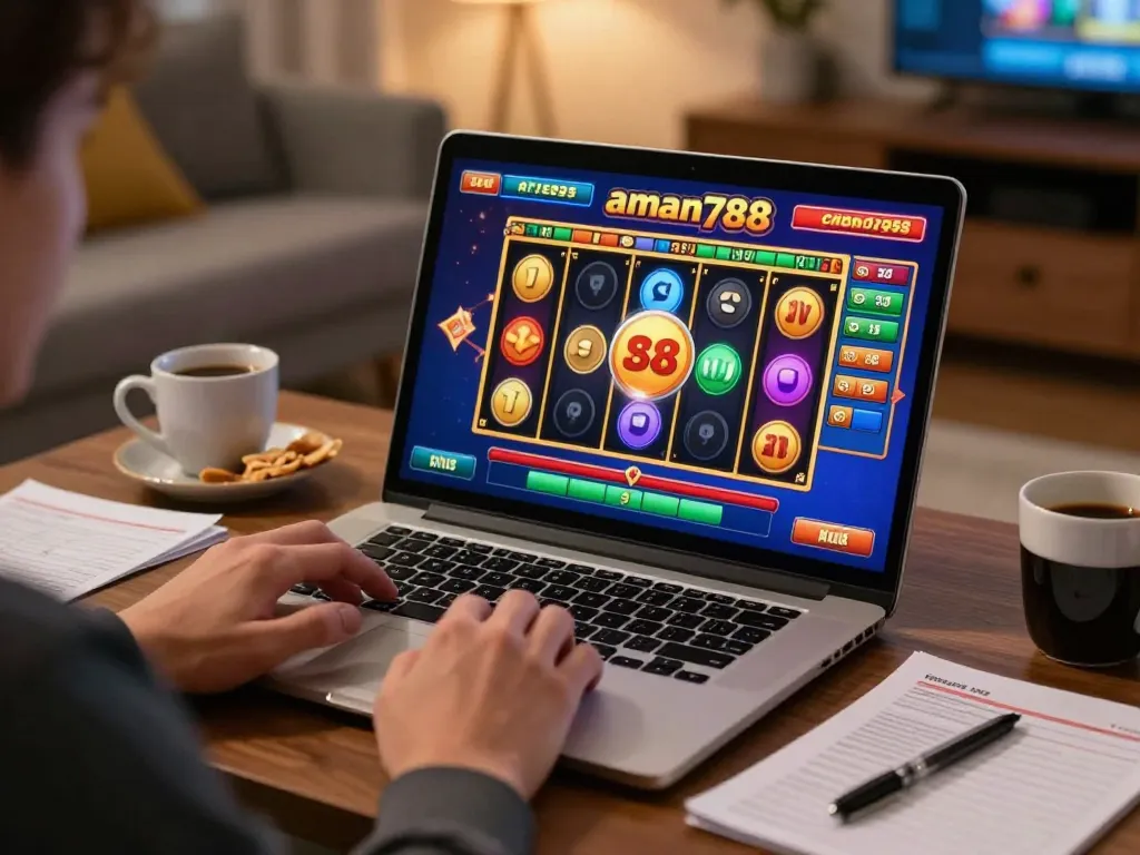 Players engage with aman788 slot game on a laptop in a cozy home, showcasing online gaming excitement.