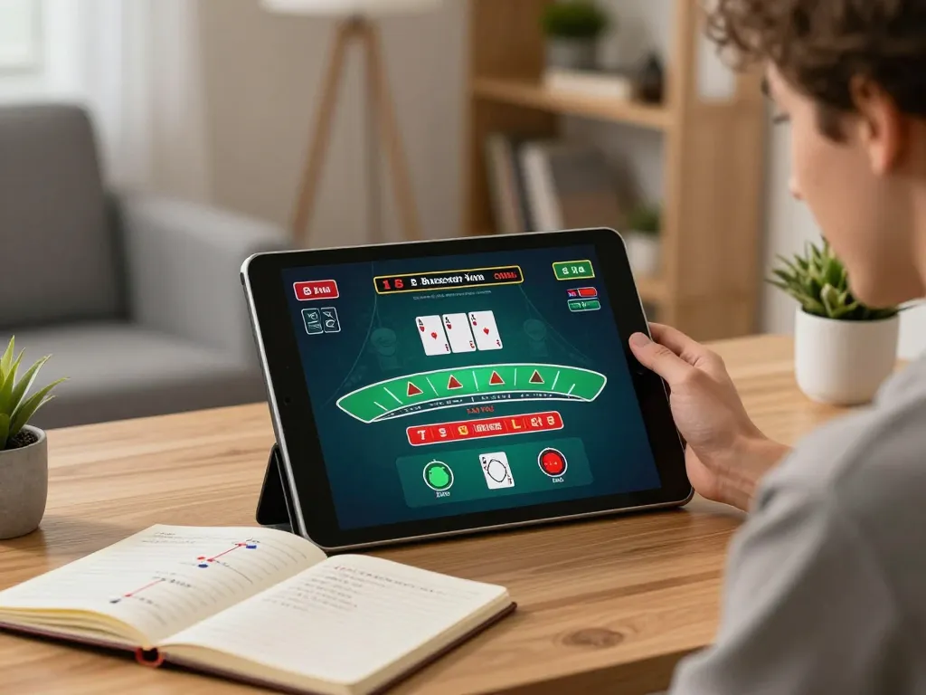 Player engaged in online blackjack at home, showcasing revjeffhood strategy notes for responsible gambling.