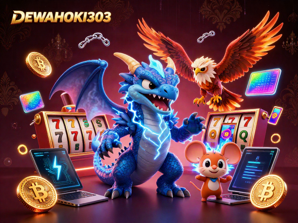 menggambarkan pengalaman bermain di DEWAHOKI303 dengan slot yang menarik dan simbol keberuntungan.
