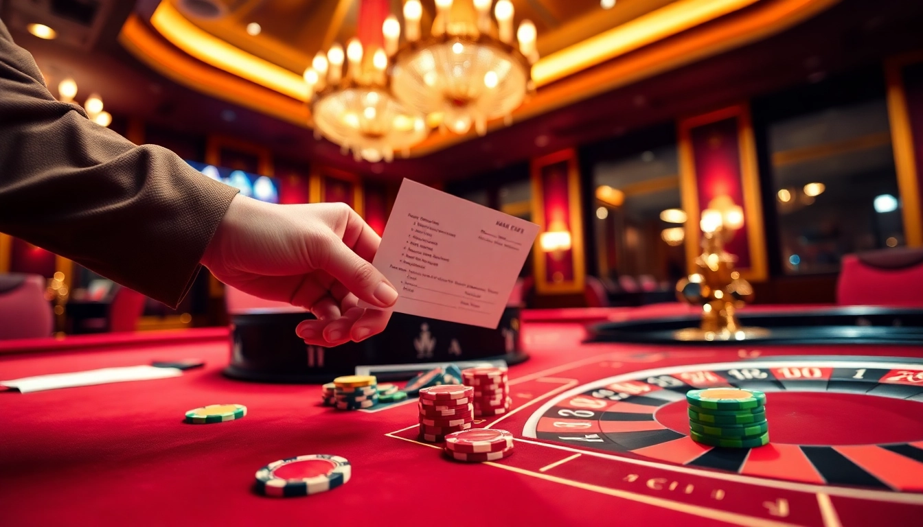 Engaging scene of sbobet login indonesia at a luxurious casino, featuring casino tables and betting slips.