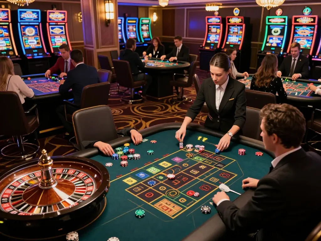 Players engaging in high-stakes gameplay at a luxurious casino floor, showcasing the thrilling atmosphere of gen-e gaming.