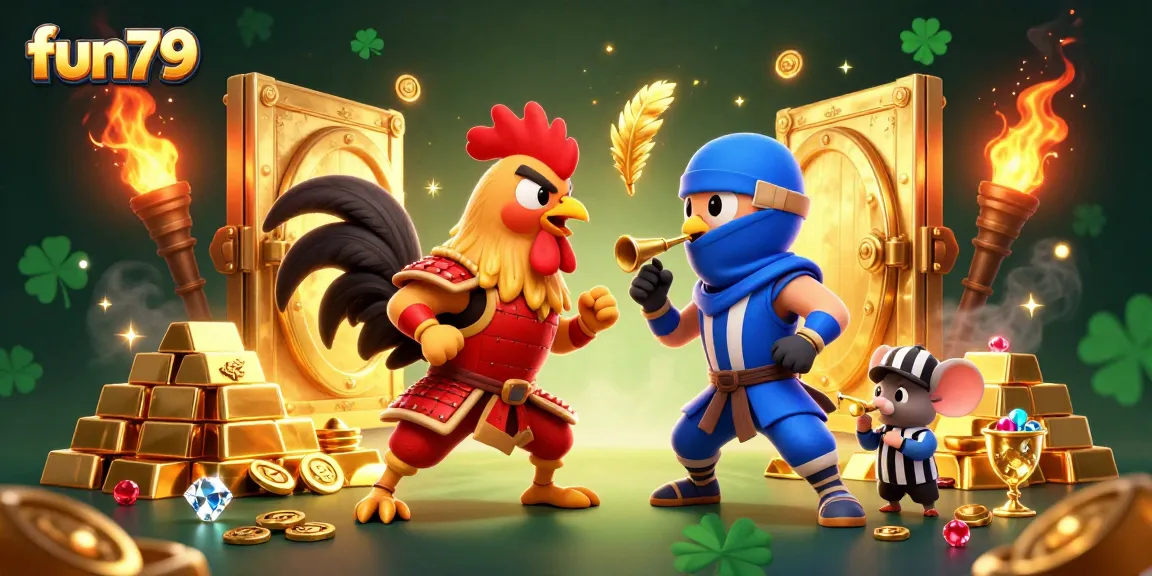 Experience fun79's thrilling casino adventure with dynamic cartoon roosters clashing over treasures.