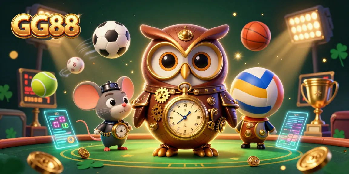 Engage with GG88 as a time-traveling owl ventures through a vibrant casino world filled with dynamic sports elements.