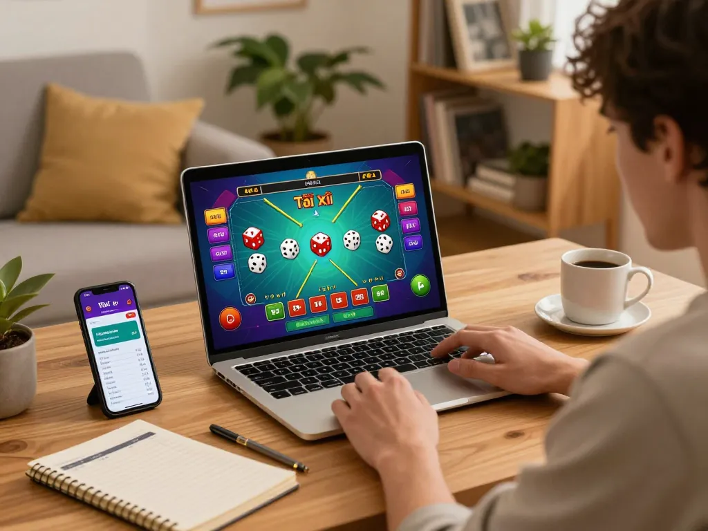 Tài xỉu online gaming session showing player making bets on laptop in cozy home environment.