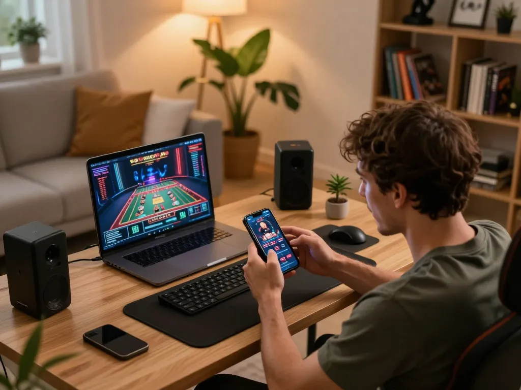 Engaging in online gaming with the kkwin.in app on smartphone in a modern home setting