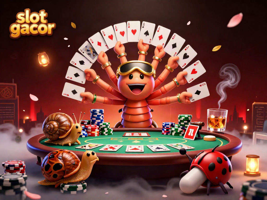 Experience exhilarating gameplay with slot gacor as a cartoon millipede dealer fans out cards alongside high-rollers.