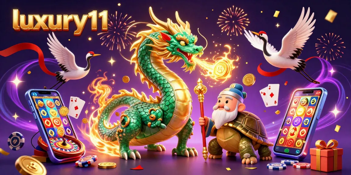 Experience winning thrills with luxury111 in this vibrant 3D casino illustration featuring a jade dragon and lucky symbols.