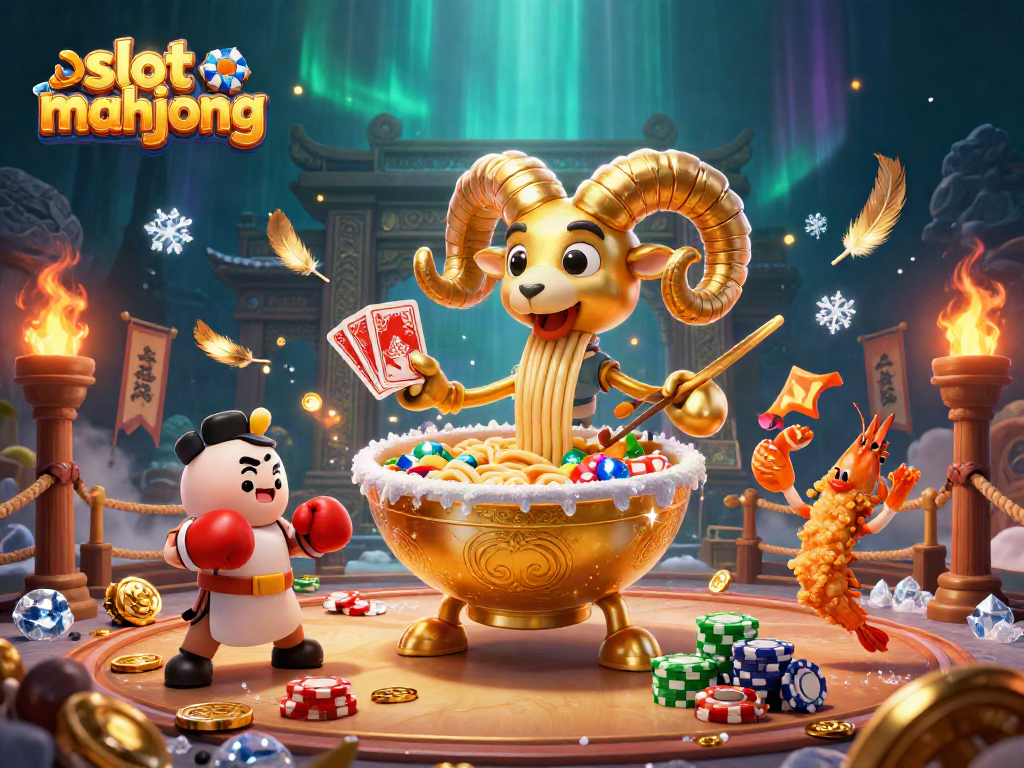 Slot mahjong illustrates a dynamic scene with cartoon characters and vibrant casino elements.