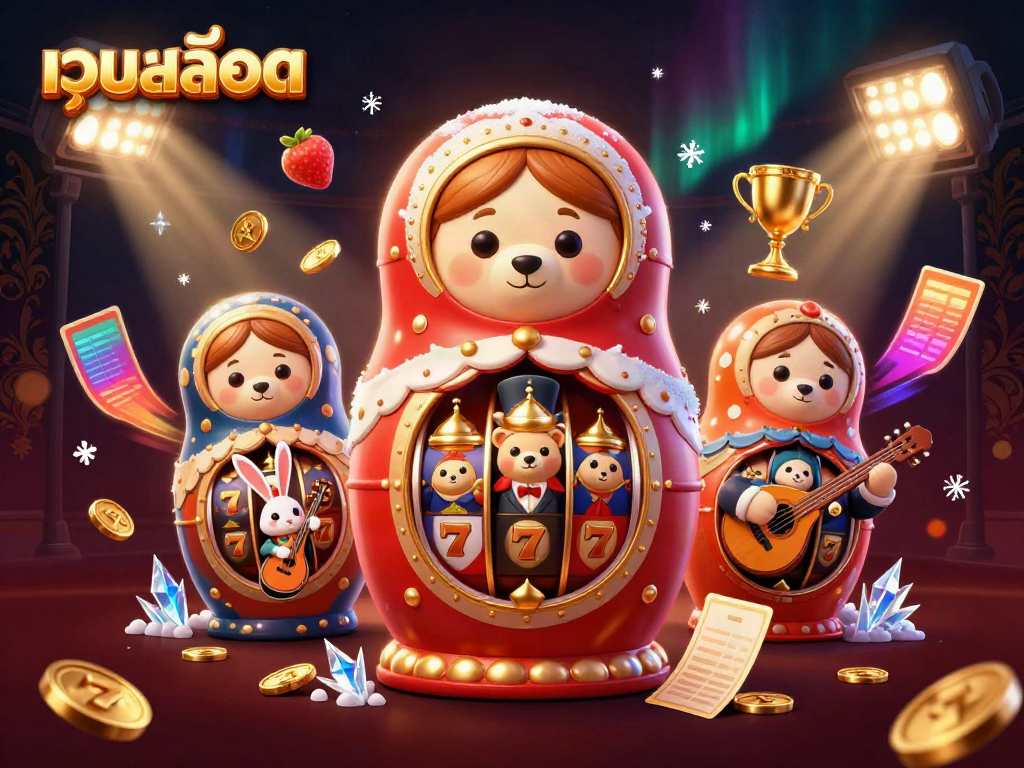 Experience เว็บสล็อต magic with vibrant 3D characters and dynamic casino elements in a festive scene.