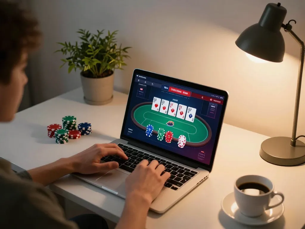 Engaging online gameplay at LUCKYWIN.COM with poker interface on laptop, demonstrating strategic gambling
