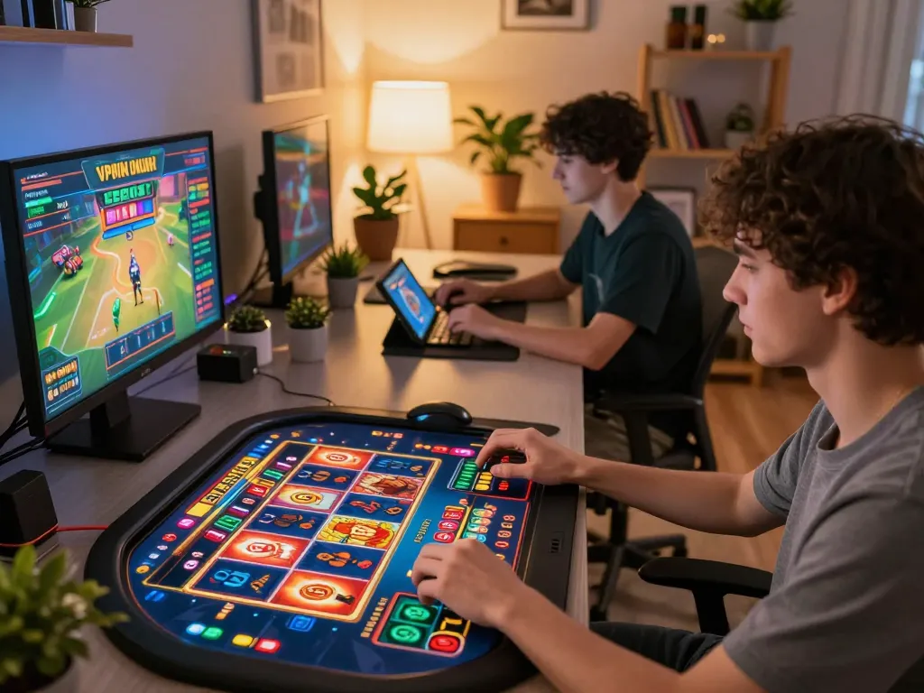 Playing online casino games on VIPWIN with engaging tablet interface and cozy setup