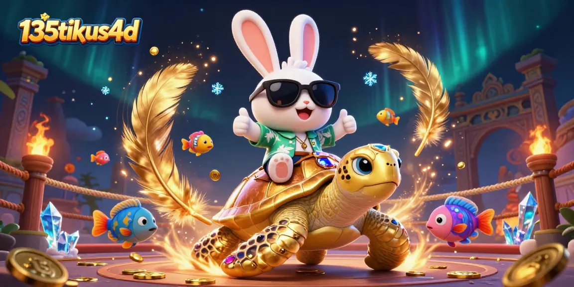 Bet on 135tikus4d with the lucky rabbit and golden turtle in a vibrant, colorful scene.