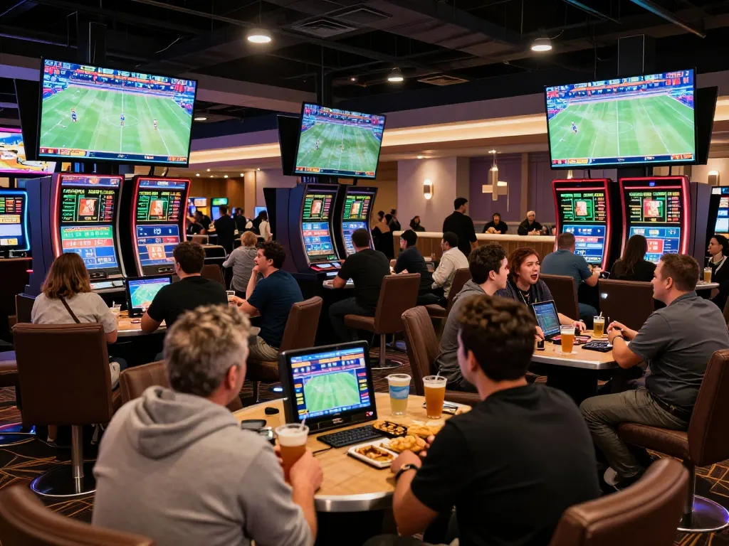 Sin88 sports enthusiasts analyzing bets in a lively casino lounge