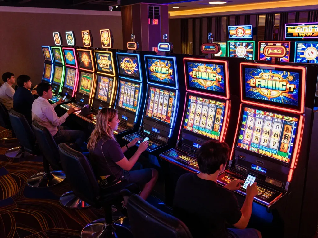 Engaged players enjoying situs mposport online indonesia at vibrant slot machines in a modern online casino.