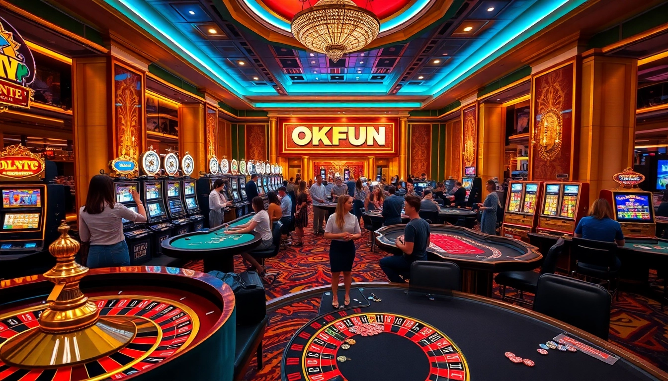 Experience the excitement of gambling at OKFUN casino with vivid slot machines and lively game tables.