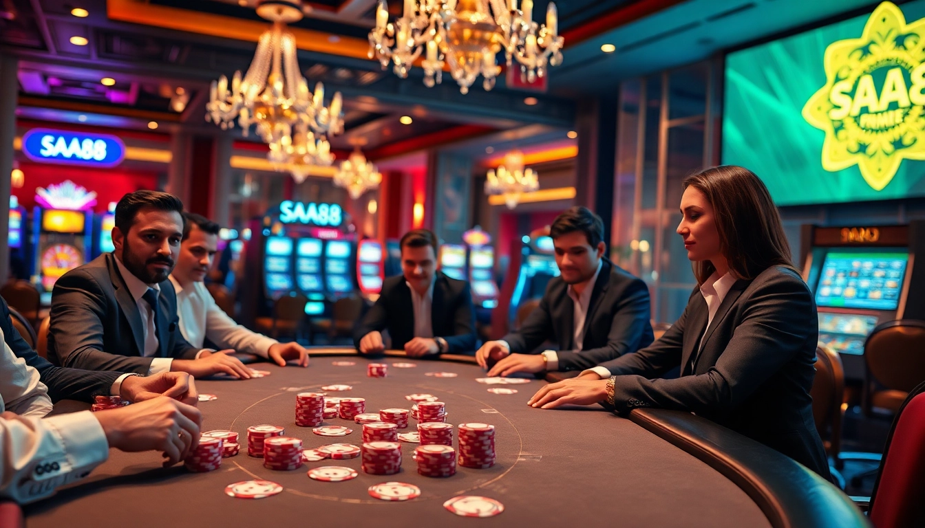 Players strategizing at an upscale SA88 poker table in a vibrant casino atmosphere.