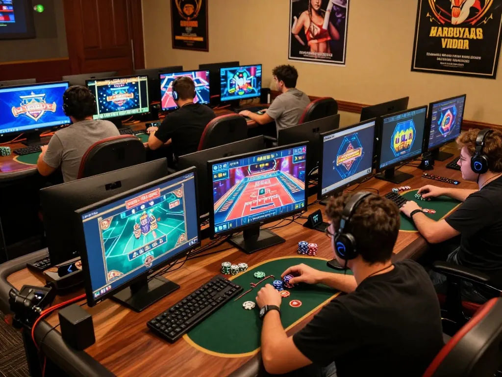 Engaging online gaming scene showcasing diverse games on multiple screens, player analyzing strategies, with vibrant ambiance, highlighting 11-hd.
