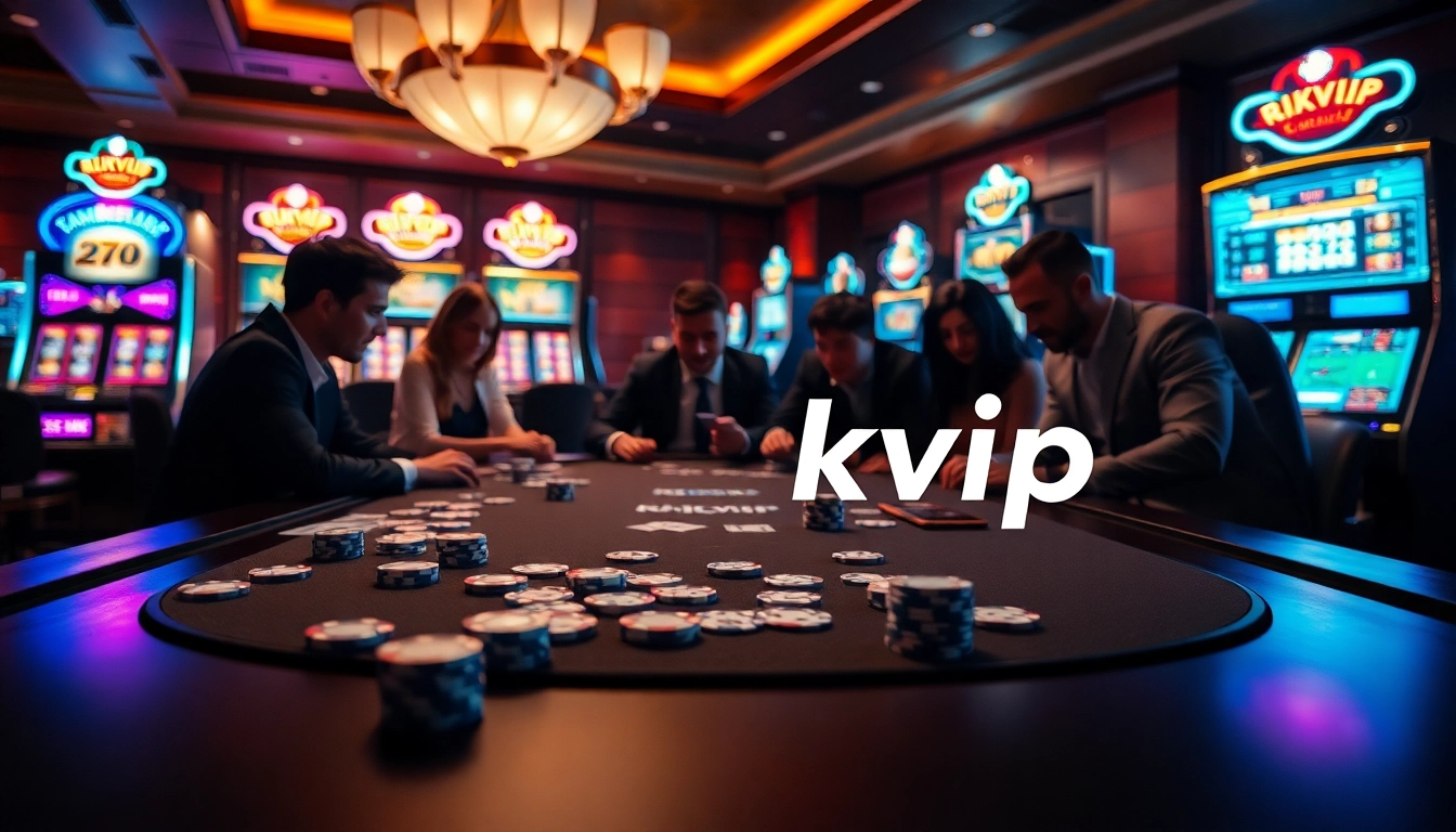 Experience thrilling gameplay with Rikvip's vibrant casino atmosphere filled with cards and chips.