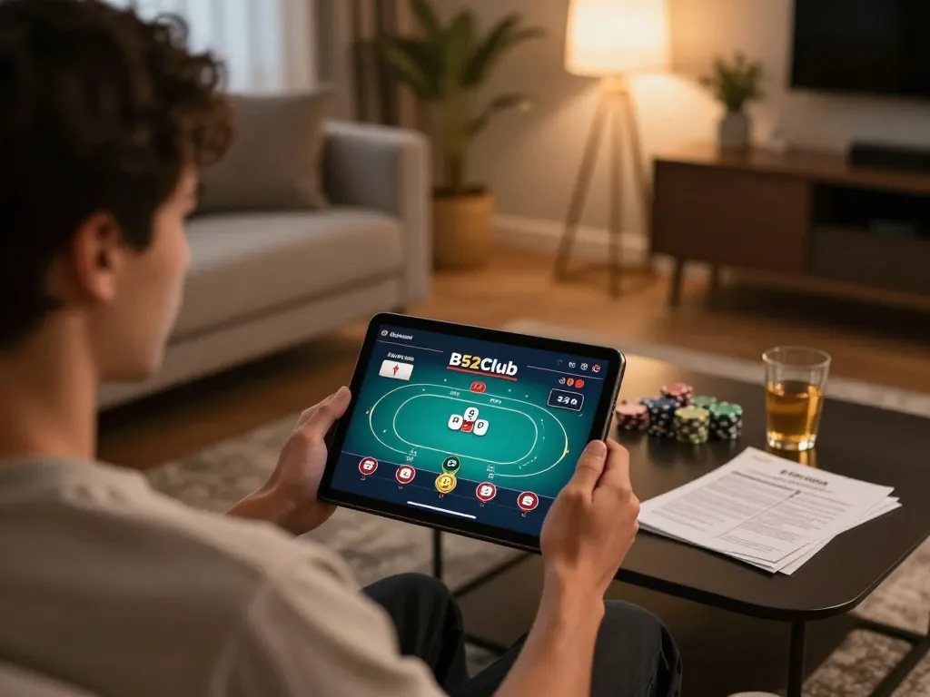Engaged player exploring poker strategies at B52club through a tablet in a cozy home setting.