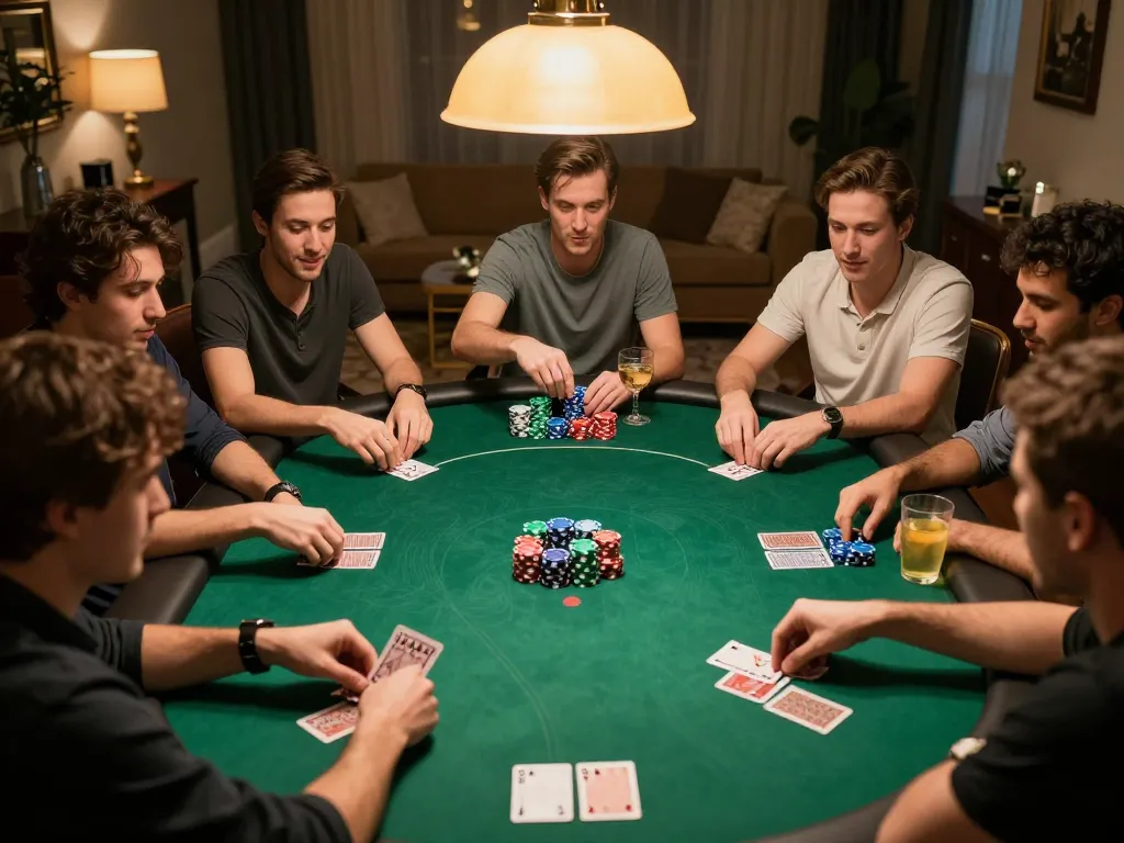 Pemain 88Pulsa bersaing dalam permainan poker yang mendebarkan dikelilingi oleh chip dan minuman yang penuh warna.