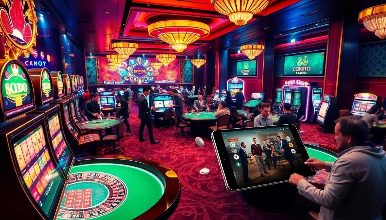 SODO Casino scene showcasing players at dynamic tables and high-end slots in a luxurious atmosphere.