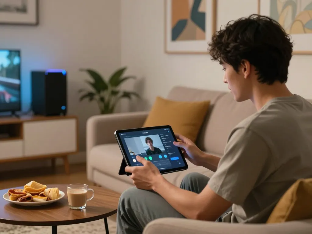 Engaging user experience with nsfw ai character in a cozy modern living room.