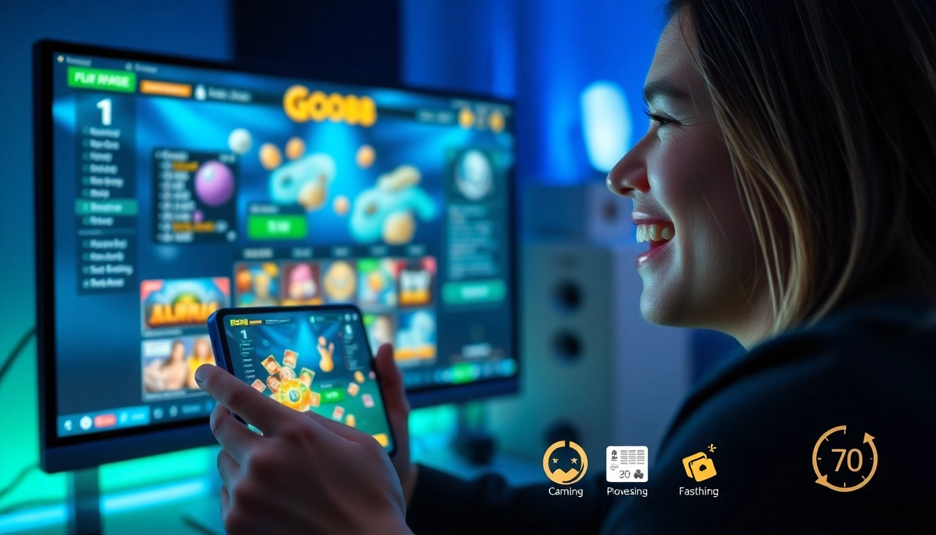 Interactive GO88 gaming platform displayed on mobile and desktop screens, showcasing vibrant game graphics and secure transactions.