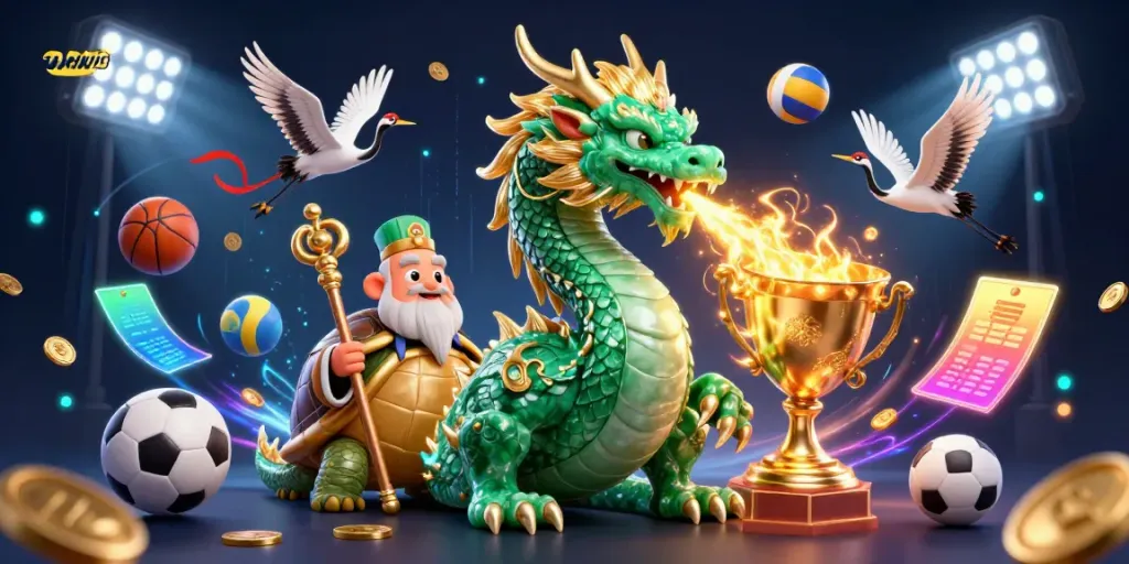 Experience thrilling gaming with sunwin, featuring a majestic jade dragon, wise turtle sage, and lucky cranes in a vibrant casino scene.