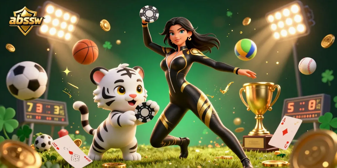 Bet on a vibrant 3D scene showcasing abssw with a dynamic woman and playful tiger among sports elements.