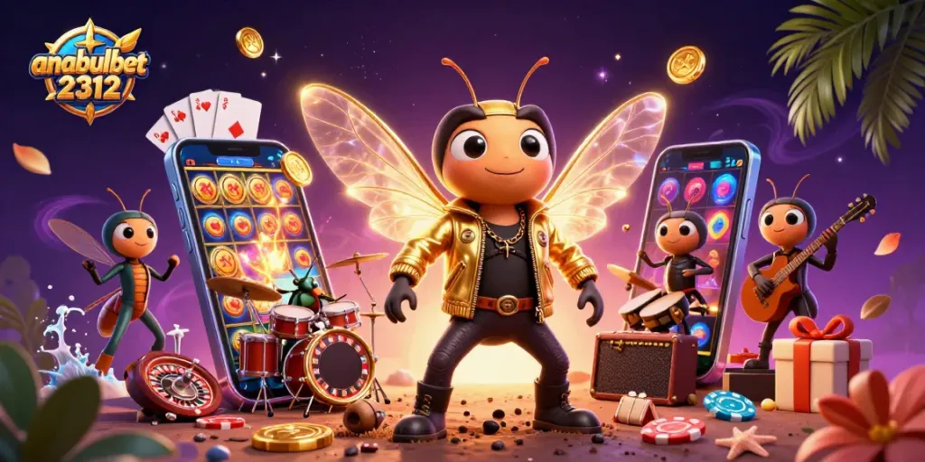 visualisasikan anabulbet2312 dengan cicada rock star dan permainan slot berwarna-warni