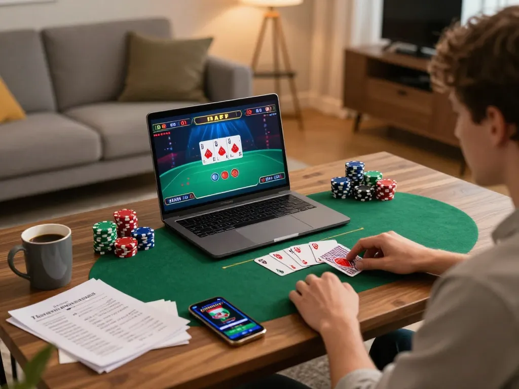 Engaging in LGOGOAL online poker gaming with strategic notes in a cozy home setup.