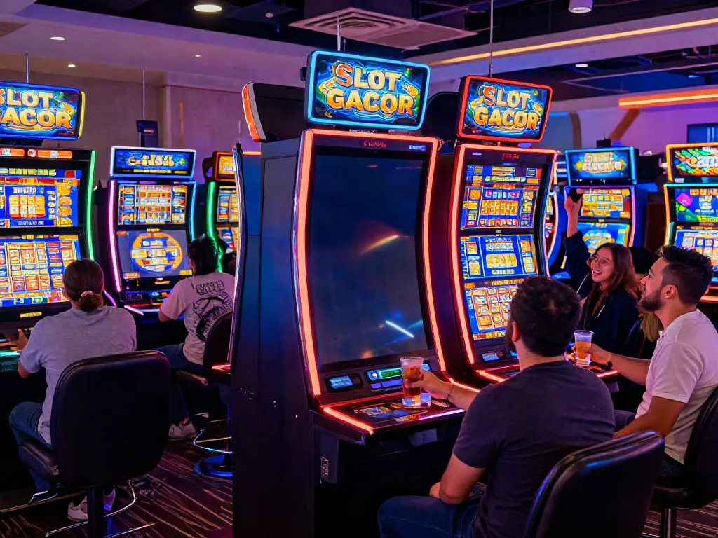 SLOT GACOR virtual casino scene with players celebrating wins and vibrant slot machines.