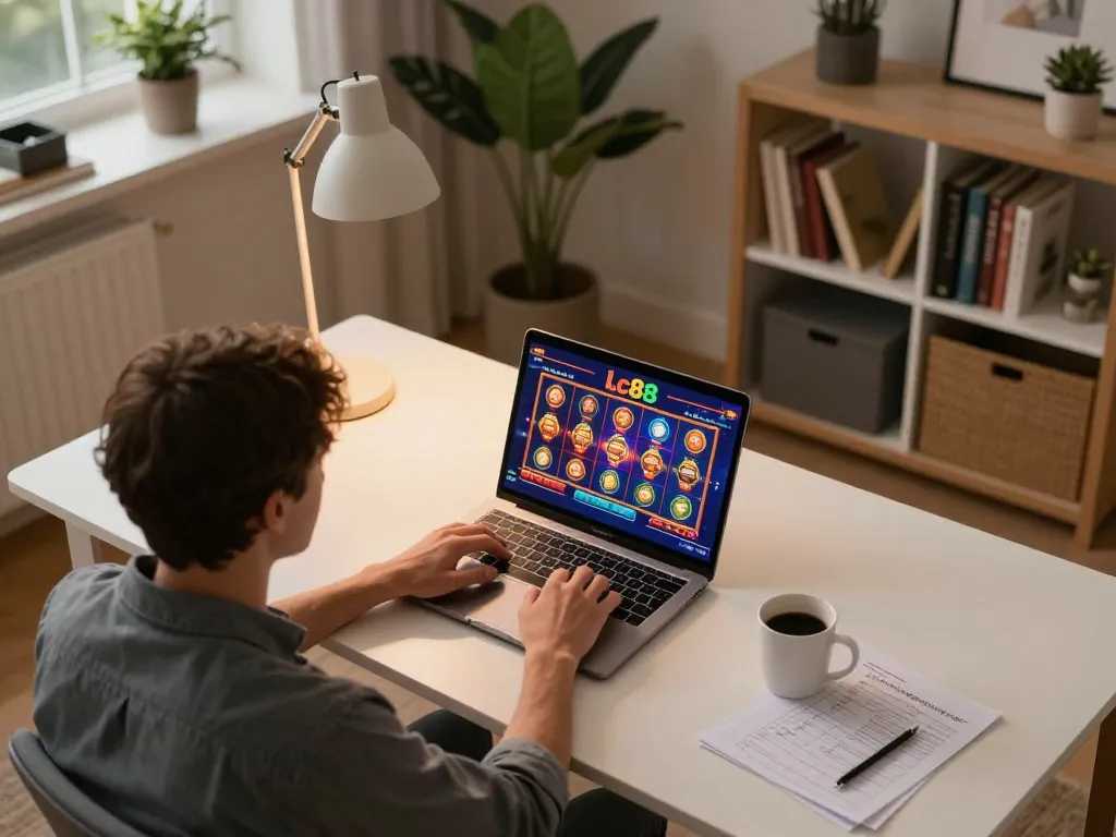 Engaged player using Lc88 for online slots in a cozy home office setting with strategic notes.