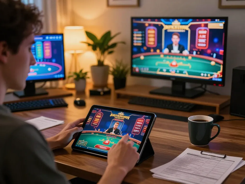cloud-africa mobile gaming experience with a player enjoying online casino on tablet, warm cozy setting.