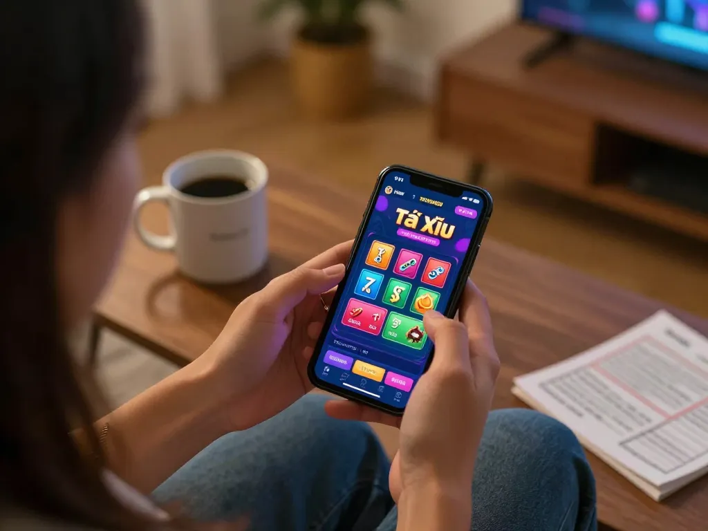 Player engaging with the rikvip app on smartphone while enjoying a cozy gaming atmosphere at home