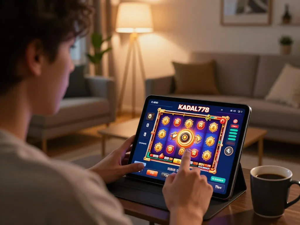 KADAL778 player engaging with online casino game on tablet in a cozy living room