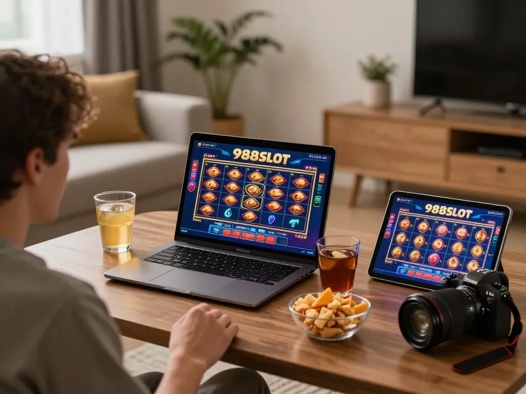 Engaging scene showing a player immersed in 988slot online gaming with laptop and tablet in a cozy setting