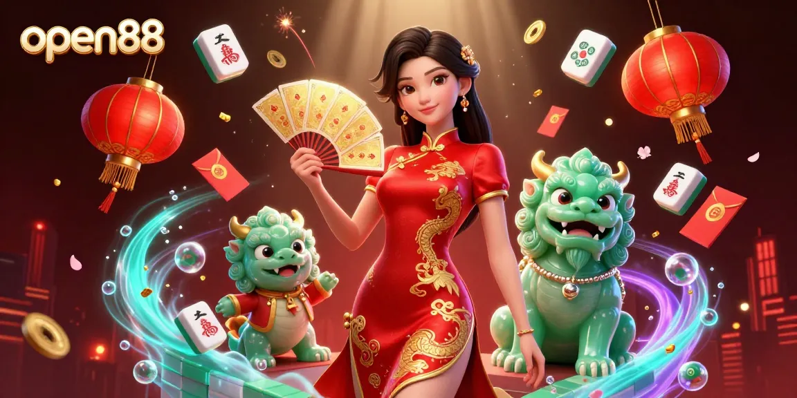 Engage with exciting games at open88, featuring a lively 3D illustration of a qipao-clad dealer and casino elements.