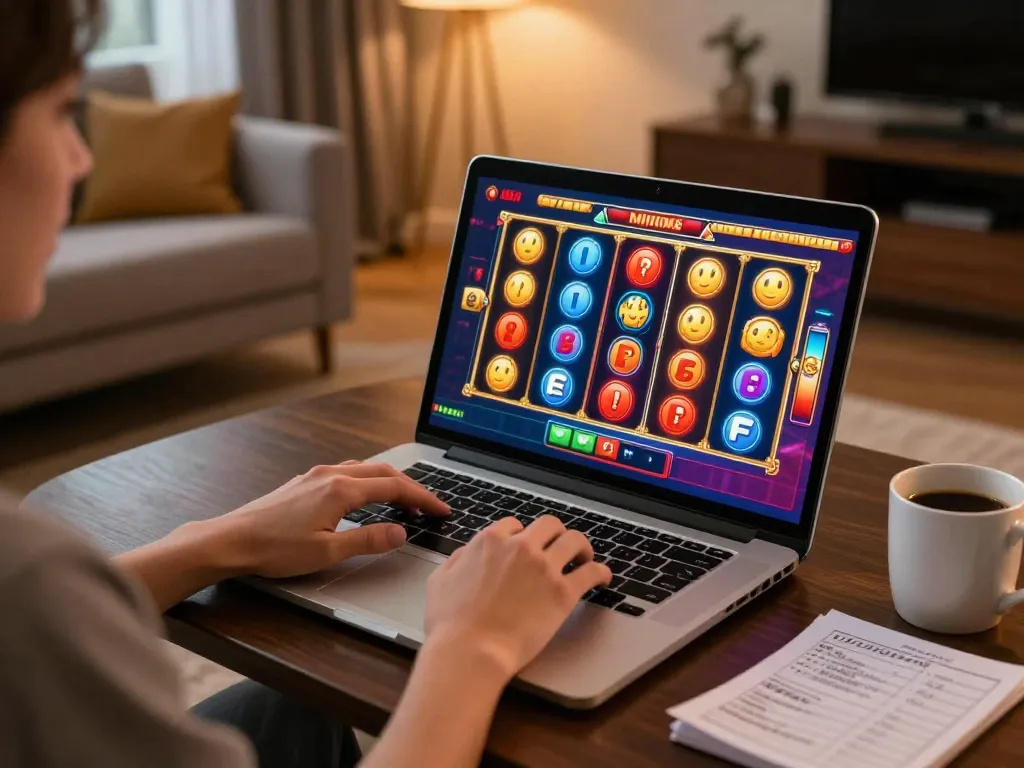 Engaging slot online experience with a player immersed in vibrant gameplay at home
