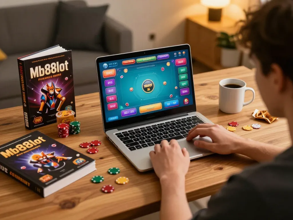 Engaging in a thrilling mb88slot poker game on a laptop in a cozy home office.