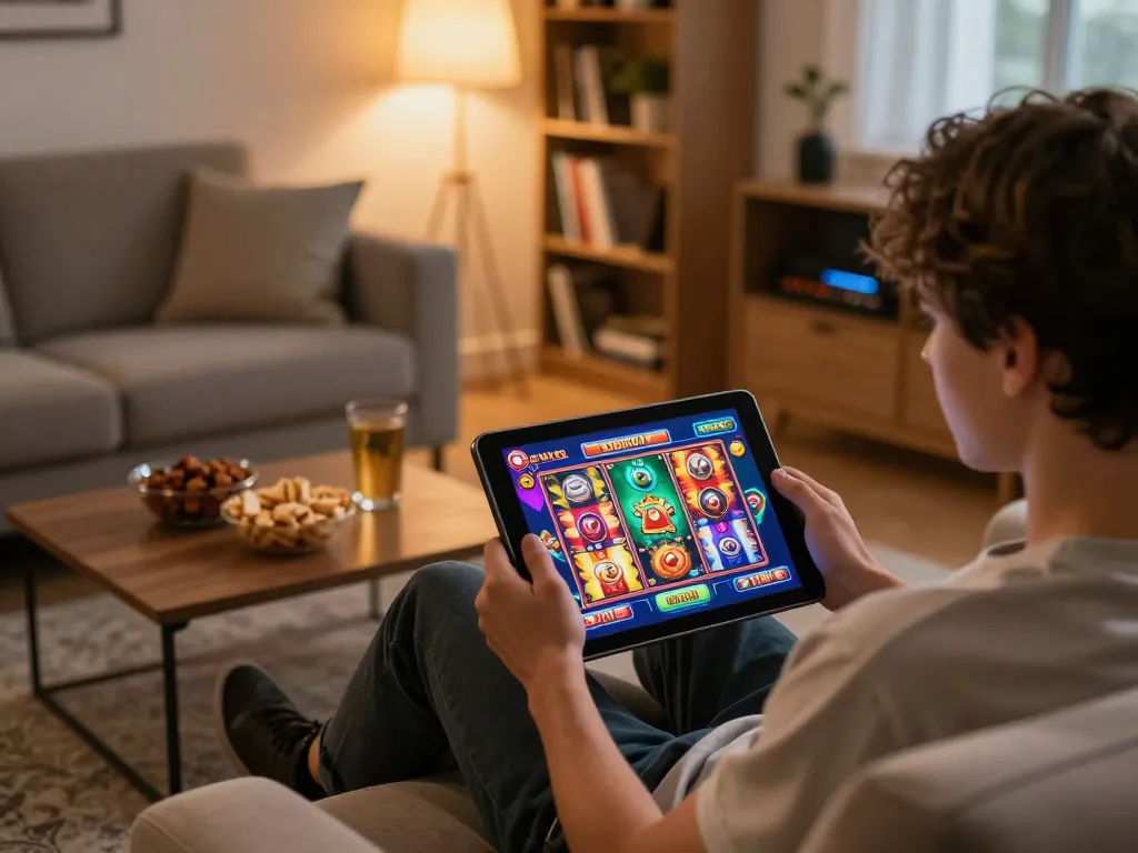 Playing engaging non UK casinos games on a tablet in a cozy home setting