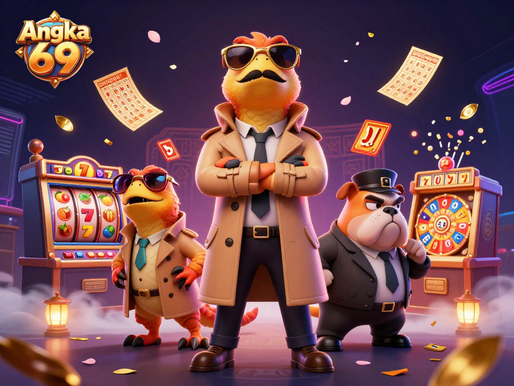 Win with Angka 69 as cartoon raptors maneuver to enter a VIP casino lounge amidst vibrant game elements.