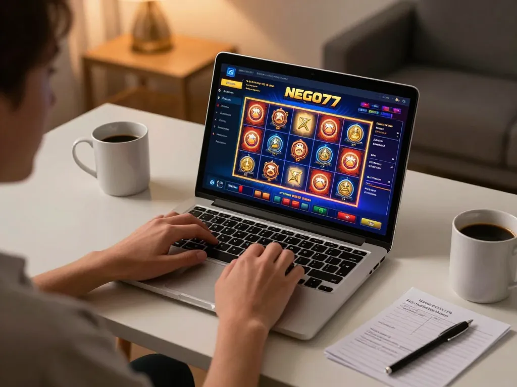Engaging in online gaming with NEGO77, showcasing casino interface and strategy notes.