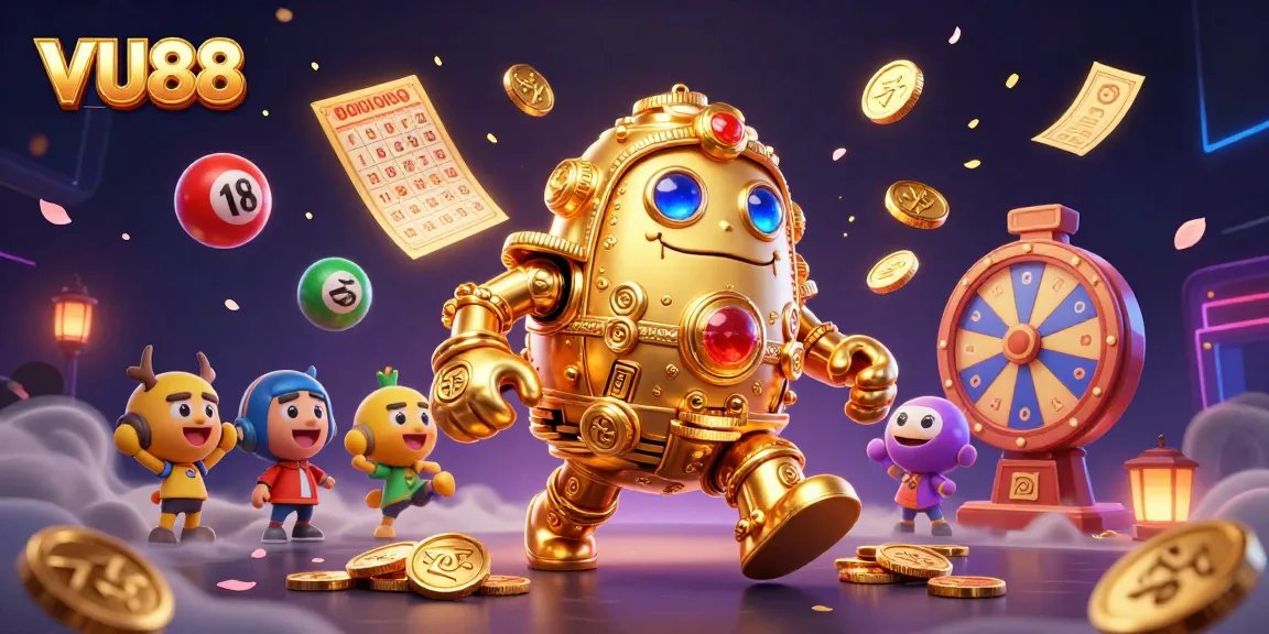 Engage with VU88's thrilling slot experience featuring an animated golden golem surrounded by vibrant lottery elements.