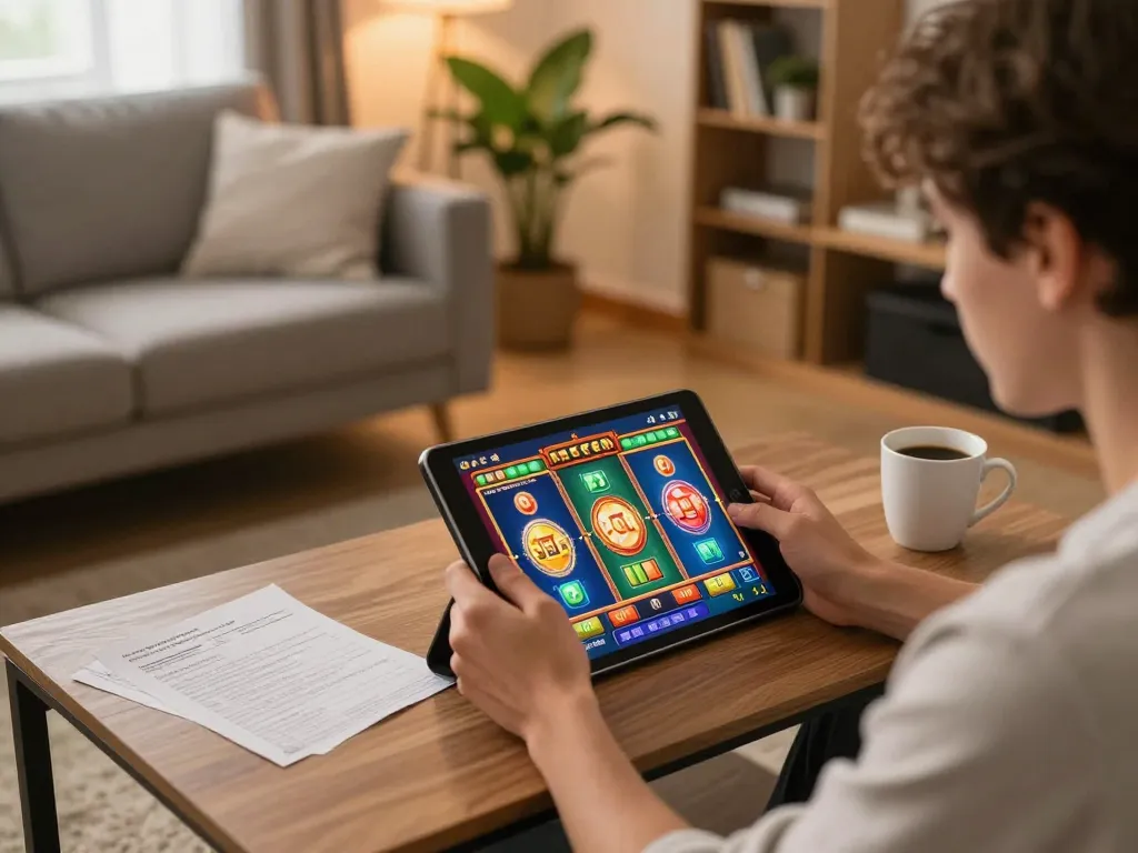 Engaging online gaming experience at home with bk8 displayed on tablet, showcasing colorful slot games amidst a cozy environment.
