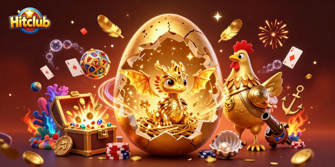 Hitclub unleashes a dazzling golden dragon from a jackpot egg amidst vibrant casino elements.