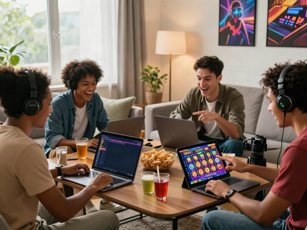 Friends enjoying SLOT TOTO online in a cozy living room filled with excitement and laughter.