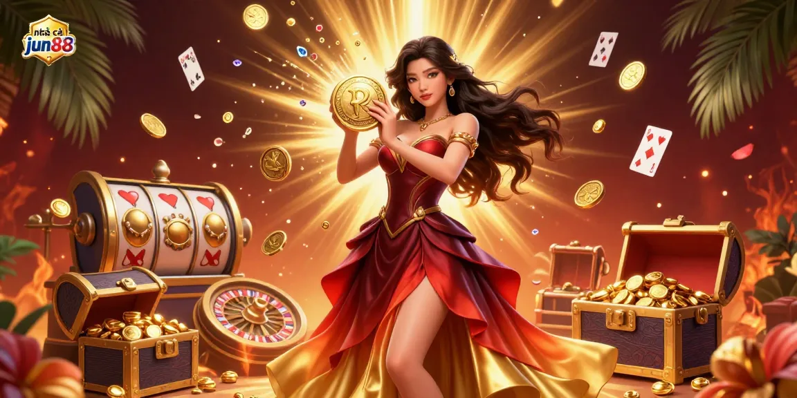 Experience excitement at nhà cái jun88 with a stunning casino scene filled with treasures and vibrant gaming elements.