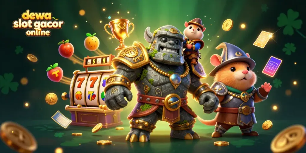 Temukan pengalaman slot gacor online dengan karakter golem, peri, dan ksatria dalam ilustrasi 3D menarik.