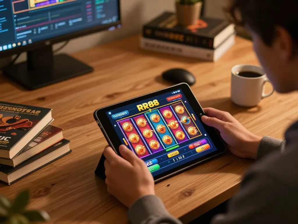 Playing RR88 KJC on a tablet with colorful slots interface enhancing the online gaming experience.